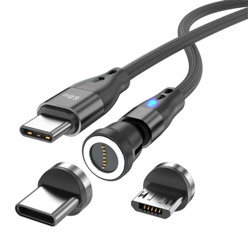 Magnetisches Ladekabel USB C auf USB Type C/Micro USB Magnetkabel PD 60W Schnellladung 1M/2M 540° Drehung 2-in-1 Magnet USB kabel für Android Micro USB Type C Smartphone Tablette Laptop(1m schwarz) von Junichi