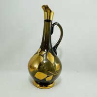 Seltener Vintage Dekanter Krug Schnaps Trinkgefäß Wasser Saft Getränk 10 "Rauchglas Schwarz Gold Blumengriff Rumänien Servieren von JunkWithJeab