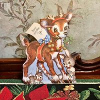 Vintage Weihnachten 8" Rentier & Hasen Karten Vorrätig Fenster/Türdekoration - 1950Er Mid Century Bunt Mit Geprägten Gold von Junkarella