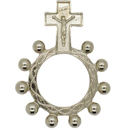 Junker Kirchenbedarf Fingerrosenkranz Metall Silber, 4,5cm - Gebetsring mit Kruzifix INRI und verziert mit geflochtenem Rosenkranz von Junker Kirchenbedarf