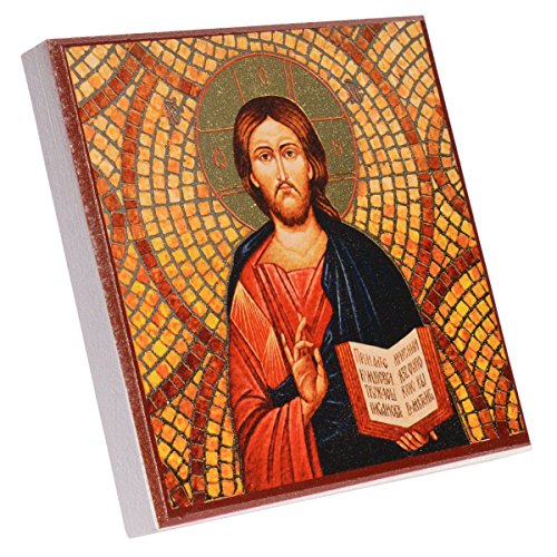 Junker Kirchenbedarf Ikone Jesus Christus Pantokrator zum Stellen oder Aufhängen, teilweise vergoldet, MDF-Holz, 10x10cm von Junker Kirchenbedarf