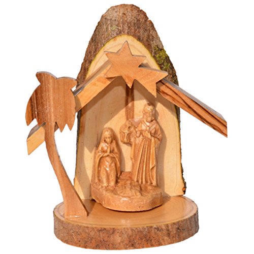 Junker Kirchenbedarf Olivenholz Krippe - Holz Weihnachtskrippe aus Olivenholz mit Baumrinde, 10cm - handgeschnitzt in Bethlehem von Junker Kirchenbedarf