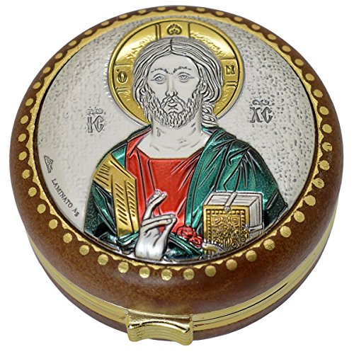 Rosenkranzdose Hostiendose Pillendose Jesus Christus Pantokrator, braun, Kunststoff Holz-Optik Ø 60mm von Junker Kirchenbedarf