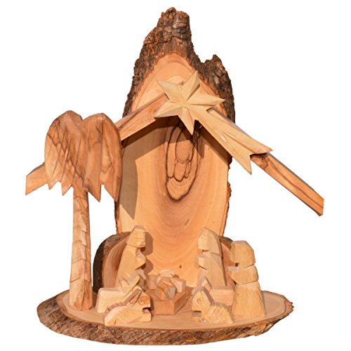 Junker Verlag Olivenholz Krippe - Holz Weihnachtskrippe aus Olivenholz mit Baumrinde 24cm groß - handgeschnitzt in Bethlehem von Junker Verlag
