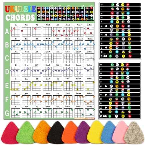 JUNLEGO Ukulele Anfänger Kit: Akkorddiagramm, Griffbrett-Aufkleber, Plektren - Schwarz und Weiß Vinyl, Ukulele Zubehör von Junlego