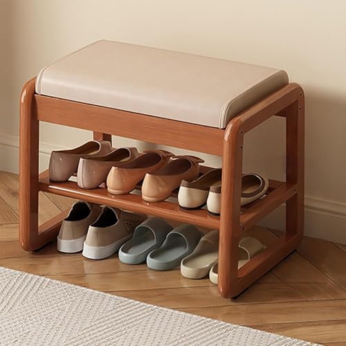 Junpllvic Schuhbank mit Stauraum aus Gummibaumholz mit Lederkissen, 2-stufige hölzerne Stauraum-Eingangsbank, moderner schmaler Ottoman-Sitzhocker für Schlafzimmer/Eingangsbereich/Wohnzimmer/Flur Junpllvic Schuhbank mit Stauraum aus Gummibaumholz mit Lederkissen, 2-stufige hölzerne Stauraum-Eingangsbank, moderner schmaler Ottoman-Sitzhocker für Schlafzimmer/Eingangsbereich/Wohnzimmer/Flur von Junpllvic