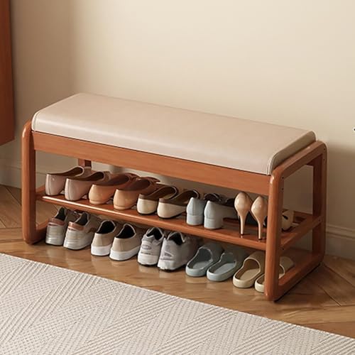 Junpllvic Schuhbank mit Stauraum aus Gummibaumholz mit Lederkissen, 2-stufige hölzerne Stauraum-Eingangsbank, moderner schmaler Ottoman-Sitzhocker für Schlafzimmer/Eingangsbereich/Wohnzimmer/Flur Junpllvic Schuhbank mit Stauraum aus Gummibaumholz mit Lederkissen, 2-stufige hölzerne Stauraum-Eingangsbank, moderner schmaler Ottoman-Sitzhocker für Schlafzimmer/Eingangsbereich/Wohnzimmer/Flur von Junpllvic