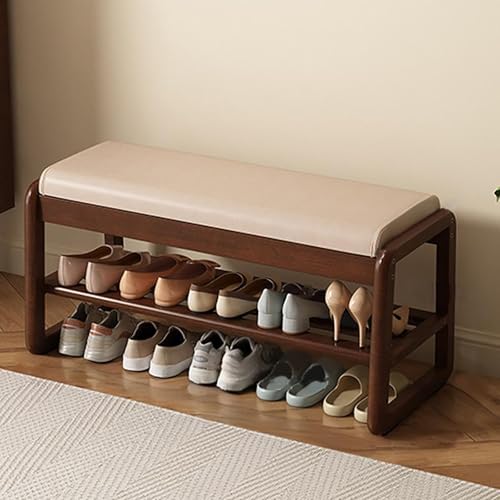 Junpllvic Schuhbank mit Stauraum aus Gummibaumholz mit Lederkissen, 2-stufige hölzerne Stauraum-Eingangsbank, moderner schmaler Ottoman-Sitzhocker für Schlafzimmer/Eingangsbereich/Wohnzimmer/Flur Junpllvic Schuhbank mit Stauraum aus Gummibaumholz mit Lederkissen, 2-stufige hölzerne Stauraum-Eingangsbank, moderner schmaler Ottoman-Sitzhocker für Schlafzimmer/Eingangsbereich/Wohnzimmer/Flur von Junpllvic
