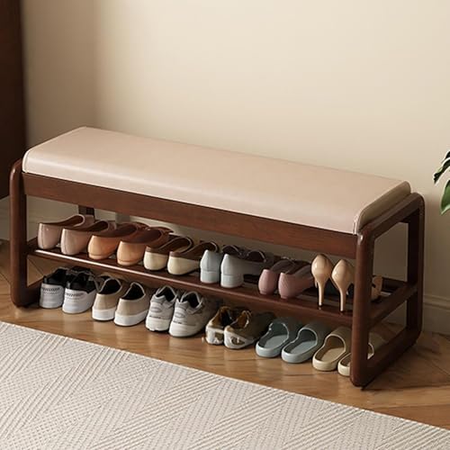 Junpllvic Schuhbank mit Stauraum aus Gummibaumholz mit Lederkissen, 2-stufige hölzerne Stauraum-Eingangsbank, moderner schmaler Ottoman-Sitzhocker für Schlafzimmer/Eingangsbereich/Wohnzimmer/Flur Junpllvic Schuhbank mit Stauraum aus Gummibaumholz mit Lederkissen, 2-stufige hölzerne Stauraum-Eingangsbank, moderner schmaler Ottoman-Sitzhocker für Schlafzimmer/Eingangsbereich/Wohnzimmer/Flur von Junpllvic