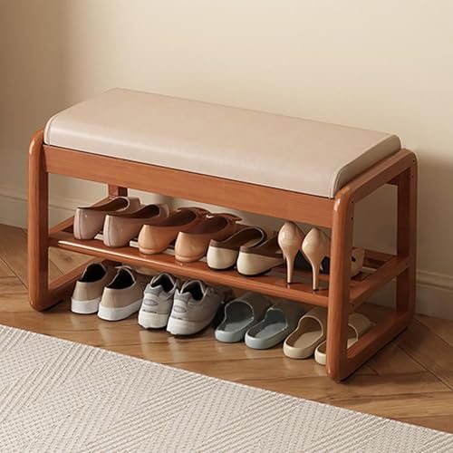Junpllvic Schuhbank mit Stauraum aus Gummibaumholz mit Lederkissen, 2-stufige hölzerne Stauraum-Eingangsbank, moderner schmaler Ottoman-Sitzhocker für Schlafzimmer/Eingangsbereich/Wohnzimmer/Flur Junpllvic Schuhbank mit Stauraum aus Gummibaumholz mit Lederkissen, 2-stufige hölzerne Stauraum-Eingangsbank, moderner schmaler Ottoman-Sitzhocker für Schlafzimmer/Eingangsbereich/Wohnzimmer/Flur von Junpllvic