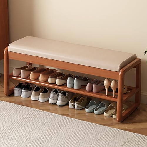 Junpllvic Schuhbank mit Stauraum aus Gummibaumholz mit Lederkissen, 2-stufige hölzerne Stauraum-Eingangsbank, moderner schmaler Ottoman-Sitzhocker für Schlafzimmer/Eingangsbereich/Wohnzimmer/Flur Junpllvic Schuhbank mit Stauraum aus Gummibaumholz mit Lederkissen, 2-stufige hölzerne Stauraum-Eingangsbank, moderner schmaler Ottoman-Sitzhocker für Schlafzimmer/Eingangsbereich/Wohnzimmer/Flur von Junpllvic
