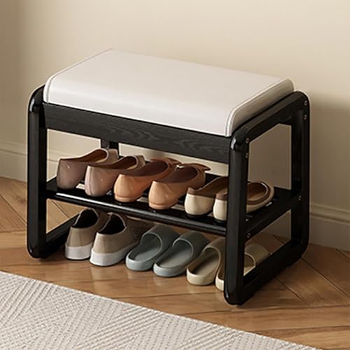 Junpllvic Schuhbank mit Stauraum aus Gummibaumholz mit Lederkissen, 2-stufige hölzerne Stauraum-Eingangsbank, moderner schmaler Ottoman-Sitzhocker für Schlafzimmer/Eingangsbereich/Wohnzimmer/Flur Junpllvic Schuhbank mit Stauraum aus Gummibaumholz mit Lederkissen, 2-stufige hölzerne Stauraum-Eingangsbank, moderner schmaler Ottoman-Sitzhocker für Schlafzimmer/Eingangsbereich/Wohnzimmer/Flur von Junpllvic