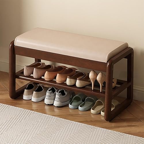 Junpllvic Schuhbank mit Stauraum aus Gummibaumholz mit Lederkissen, 2-stufige hölzerne Stauraum-Eingangsbank, moderner schmaler Ottoman-Sitzhocker für Schlafzimmer/Eingangsbereich/Wohnzimmer/Flur von Junpllvic