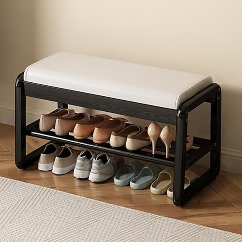 Junpllvic Schuhbank mit Stauraum aus Gummibaumholz mit Lederkissen, 2-stufige hölzerne Stauraum-Eingangsbank, moderner schmaler Ottoman-Sitzhocker für Schlafzimmer/Eingangsbereich/Wohnzimmer/Flur von Junpllvic