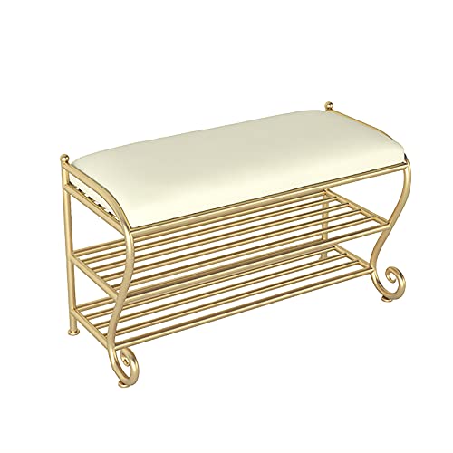 Luxuriöse Schuhbank für den Eingangsbereich mit Sitzfläche aus Kunstleder, 2-stufiges Schuhregal aus Metall, Moderne Aufbewahrungsbank für den Flur und die Veranda Luxuriöse Schuhbank für den Eingangsbereich mit Sitzfläche aus Kunstleder, 2-stufiges Schuhregal aus Metall, Moderne Aufbewahrungsbank für den Flur und die Veranda von Junpllvic