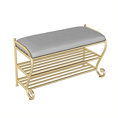 Luxuriöse Schuhbank für den Eingangsbereich mit Sitzfläche aus Kunstleder, 2-stufiges Schuhregal aus Metall, Moderne Aufbewahrungsbank für den Flur und die Veranda Luxuriöse Schuhbank für den Eingangsbereich mit Sitzfläche aus Kunstleder, 2-stufiges Schuhregal aus Metall, Moderne Aufbewahrungsbank für den Flur und die Veranda von Junpllvic