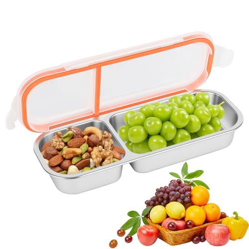 Junrvivy 2 Fächer Snackbox Edelstahl 700ml, Snackteller mit fächern, Snackteller mit deckel, Kann verwendet werden, um Snacks, Obst und Süßigkeiten für Kinder aufzubewahren von Junrvivy