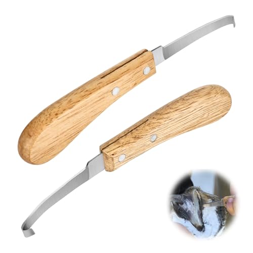 Junrvivy Hufmesser für Pferde 2er Set, Edelstahl Gerade Klinge, Profi Hufschneidemesser – Links-/Rechtshänder, Holzgriff Geeignet für Tiere, die eine Hufpflege benötigen, wie Rinder, Pferde und Esel von Junrvivy