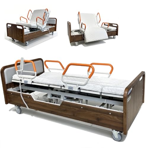 Juodkeo Premium Elektrisches Intensivbett, Verstellbare Krankenhausbetten mit Drehfunktion, Pflegehilfskissen mit leisen Rädern, Seitwärtskippung, 200 kg Tragkraft,Dark Brown von Juodkeo