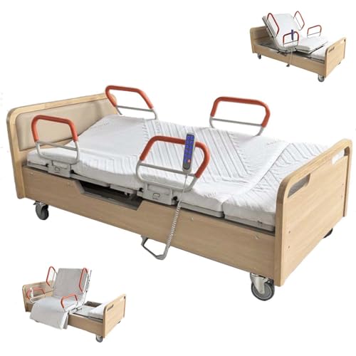 Juodkeo Premium Elektrisches Intensivbett, Verstellbare Krankenhausbetten mit Drehfunktion, Pflegehilfskissen mit leisen Rädern, Seitwärtskippung, 200 kg Tragkraft,Light Brown von Juodkeo