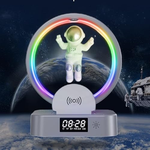 Schwebende RGB Nachtlicht mit Uhr und Drahtlosem Ladegerät, Magnetisch Schwebende Astronaut LED Lichtern mit Bluetooth Lautsprecher, Musik Nachttischlampe, Telefonhalter, 7 Farben Wechselnd (Silber) von Juodkeo