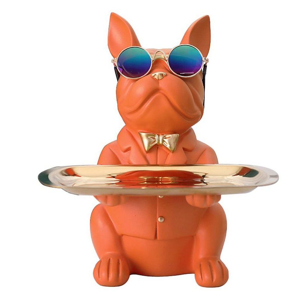 Juoungle Dekofigur Bulldogge Skulptur mit Edelstahl Tablett, Tischdekoration von Juoungle