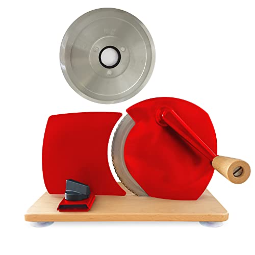 Jupiter Küchenmaschine manueller Allesschneider mit Kurbel und Holzplatte rot + glattes Messer von Jupiter