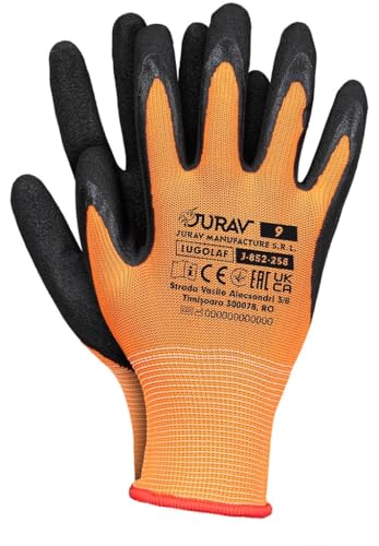 Jurav Arbeitshandschuhe aus Latex-Schaum, 12 Paar, Orange, Größen 8-10, Polyester-Strick Latex Foam (10) von Jurav