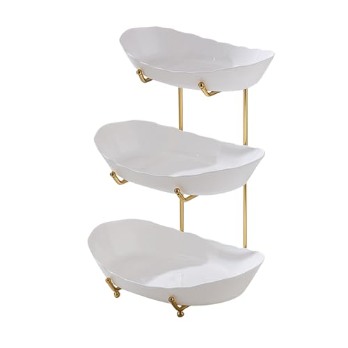JurciCat 3 Etagere Obstschale Goldfarbener Metallständer Mit weißen Kunststoffschalen etagere 3 etagen stabil und unerschütterlich zur Aufbewahrung von Obst und Gemüse Desserts und Snacks von JurciCat