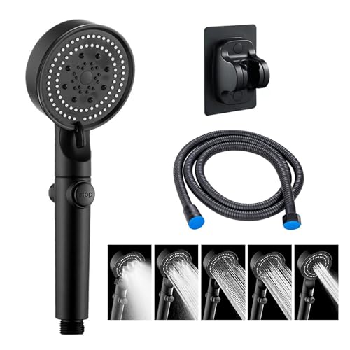 JurciCat Duschkopf Mit Schlauch Brausekopf Dusche Duschbrause Mit Schlauch 1.5m Duschschlauch Mit Duschkopf 6 Strahlarten Mit Druckerhöhende Duschbrause Halterung Ohne Bohren（Schwarz） von JurciCat