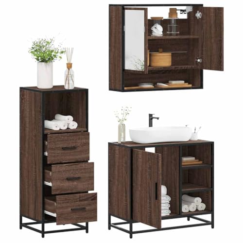 Juroupi 3-TLG. Badmöbel-Set Badezimmer MöBel Set Badinstallationen BadezimmermöBel Set Braun Eichen-Optik Holzwerkstoff - 3301059 von Juroupi