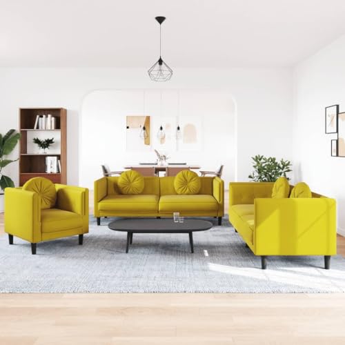 Juroupi 3-TLG. Sofagarnitur mit Kissen Sofa Wohnzimmer Sitzgruppe Wohnzimmer Sofa Set Sofas FüR Wohnzimmer Gelb Samt von Juroupi