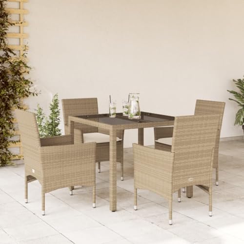 Juroupi 5-TLG. Garten-Essgruppe mit Kissen Sitzgruppe Outdoor TerrassenmöBel Terrassen-Sitzgruppe Garten-Essgruppe Beige Poly Rattan und Glas von Juroupi