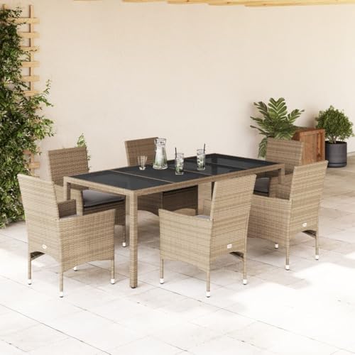 Juroupi 7-TLG. Garten-Essgruppe mit Kissen GartenmöBel TerrassenmöBel Garten Sitzgruppe Essgruppe Garten MöBel Set Beige Poly Rattan und Glas von Juroupi