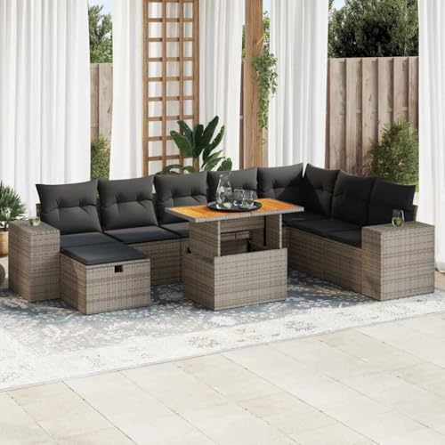 Juroupi 9-TLG. Garten-Sofagarnitur mit Kissen Balkonsofa LoungemöBel TerrassenmöBel Outdoor Sofa Garten LoungemöBel Set Grau Poly Rattan Akazie - 3328103 von Juroupi