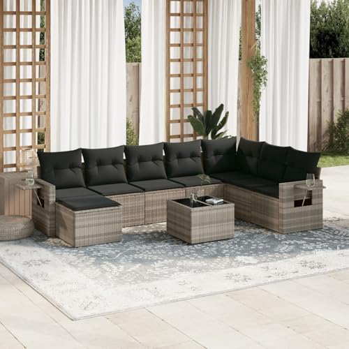 Juroupi 9-TLG. Garten-Sofagarnitur mit Kissen Balkonsofa LoungemöBel TerrassenmöBel Outdoor Sofa Garten LoungemöBel Set Hellgrau Poly Rattan - 3252909 von Juroupi