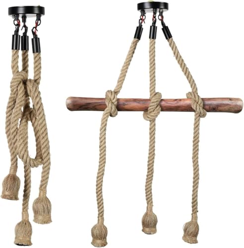 Pendelleuchte Hanfseil 3 Köpfe Kronleuchter Vintage Hängelampe Seil Hängeleuchte Doppelkopf Deckenleuchte Industrie Retro E27 Fassungen, DIY Hängelampe für Esszimmer Schlafzimmer - Ohne Glühbirne von Jurtmy