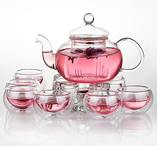 Jusalpha Teekanne aus Glas, Filter-Teekanne mit Stövchen und 6 Teetassen, Version 2, 765 ml, 11 Stück von Jusalpha
