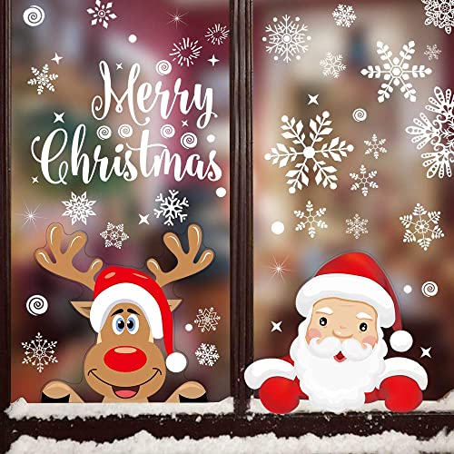 Fensterbilder Weihnachten,Jusduit 360 Stück Schneeflocken Fensterdeko Mit Weihnachtsmann Elch Abnehmbare Fensterbilder für Weihnachts,Winter Dekoration für Türen,Schaufenster,Vitrinen,Glasfronten von Jusduit
