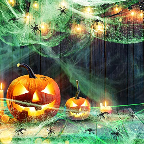 Jusduit Leuchtendes Spinnennetz Halloween Deko Spinnweben Halloween 80g Stretch Spinnennetz Deko mit 40 Spinnen,Spinnweben Deko Glow in The Dark für Halloween Dekoration Kamin Fenster Türen Party von Jusduit