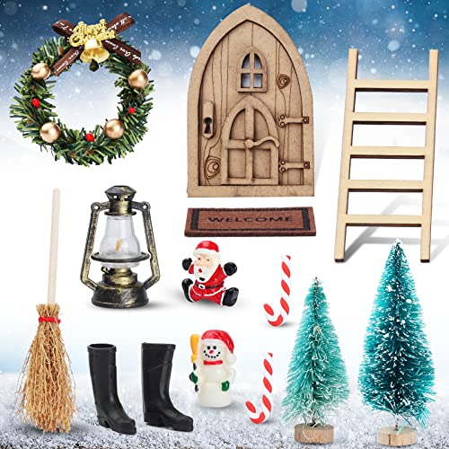 Jusduit Wichteltür Weihnachten Set, Weihnachtswichtel Tür,14 Stück Wichtel Zubehör,Weihnachtsdeko Miniatur Elfentür Wichtel Tür Feentür mit Zubehör für Kinder Weihnachten Advents Geschenke von Jusduit