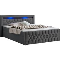 Boxspringbett Leona 140x200 cm - Bett mit led Beleuchtung, Topper & H4 Federkern Matratzen - Einzelbett Grau mit Samt und Steppung - Juskys von Juskys