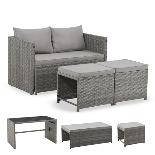 Juskys 2in1 Polyrattan Relax Gartenmöbel Set Jamaika - Tisch, Gartenlounge Sofa - Balkonmöbel Sitzgruppe für Balkon, Garten - Outdoor Lounge Grau von Juskys