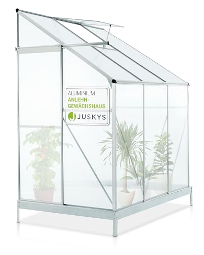 Juskys Aluminium Anlehn-Gewächshaus 2,4 m² — Treibhaus mit Schiebetür, Fenster zum Lüften & Stahl-Fundament — stabiles Pflanzenhaus für Garten von Juskys