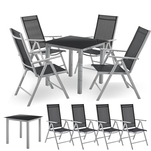 Juskys Aluminium Gartengarnitur Milano 4+1 — 4 Hochlehner Stühle verstellbar & klappbar mit Tisch — Gartenmöbel Set 5-teilig wetterfest — Silber von Juskys