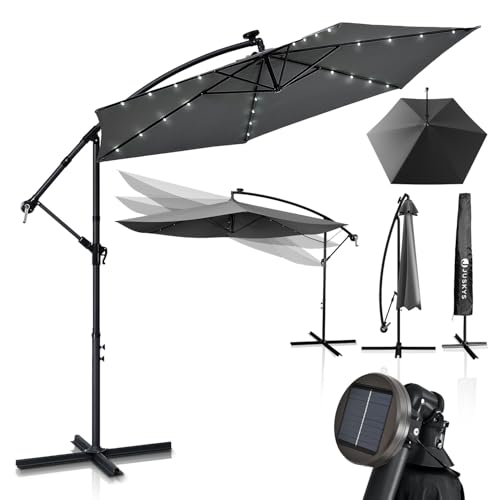 Juskys Ampelschirm Brazil 350 cm LED Beleuchtung Solar & Kurbel - UV-Schutz wasserabweisend knickbar - Hülle - Sonnenschirm Marktschirm grau von Juskys
