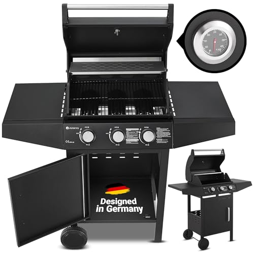 Juskys BBQ Gasgrill Louisiana 3 Brenner 8,1 kW - Gas Grillwagen inkl. Grillrost, Deckel - Grill mit Thermometer, Warmhalterost, Seitenablagen & Plane von Juskys