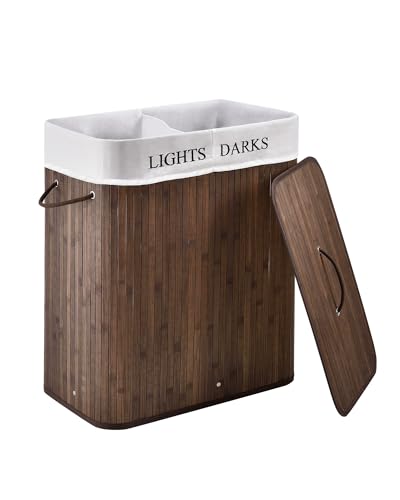 Juskys Bambus Wäschekorb Curly Braun 100L - Hygienischer Wäschekorb mit Deckel, Tragegriff & Wäschesack - 2 Fächer - Natürliche Bambus Optik von Juskys