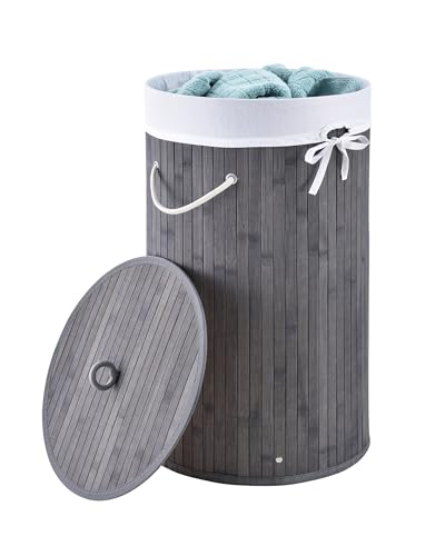 Juskys Bambus Wäschekorb Curly-Round - 55 Liter Volumen - Wäschesammler mit Deckel, Tragegriffen & Stoff Wäschesack - 1 Fach Wäschebox - Grau von Juskys