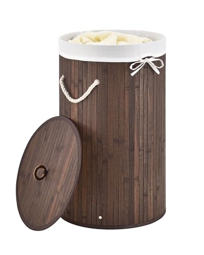 Juskys Bambus Wäschekorb Curly-Round Braun 55L - Hygienischer & Faltbarer Wäschekorb mit Deckel, Tragegriff & Wäschesack - Natürliche Bambus Optik von Juskys